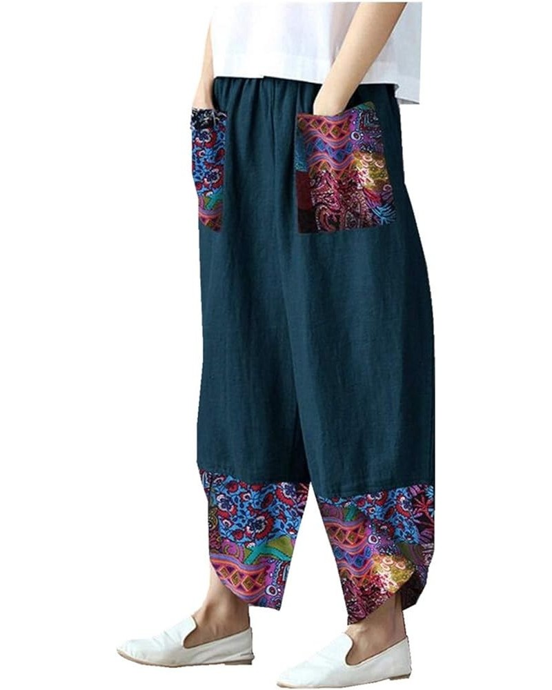 Patchwork Pants Women Hippie Plus Size Summer Boho Cropped Harem Pants Cool Breathable Wide Leg Trousers with Pockets Navy $7...