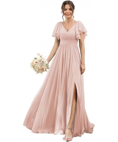 Women's Flutter Sleeves Bridesmaid Dresses with Slit Chiffon V Neck Long Formal Dresses with Pockets QA004 Blush-pink $28.00 ...