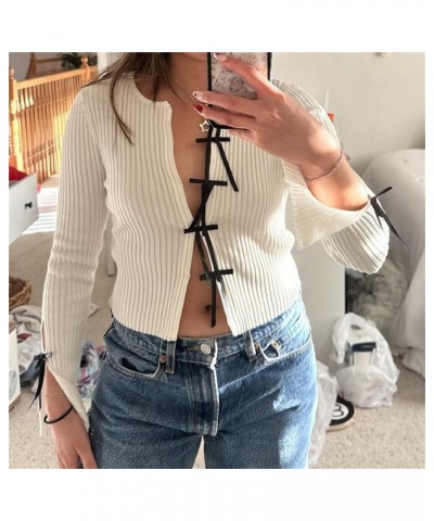 Women Cute Ribbon Lace Up Bow Knit Sweater Y2k Fairy Grunge Loose Fit Pullover Knitted Jumper Vintage Going Out Tops F White ...