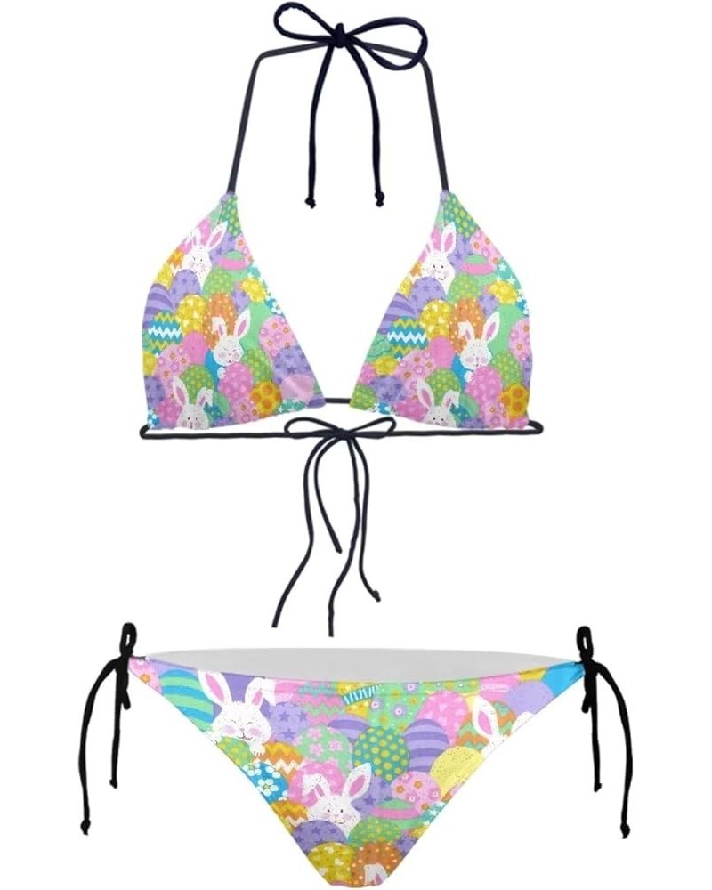 Womens Bikini 2 Piece Spaghetti Strap Top Thong Swimsuit Bathing Suit Colorful-easter Bunny Eggs 1 $9.66 Swimsuits