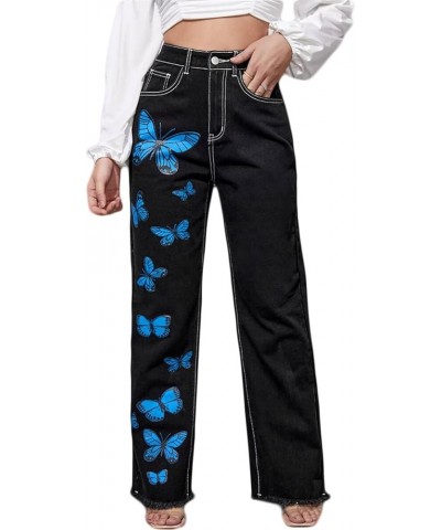 Women's Jeans Regular Relaxed Fit Straight Leg High Waisted Trendy Vintage Boyfriend Juniors Mom Fit Jeans Butterfly Black $1...