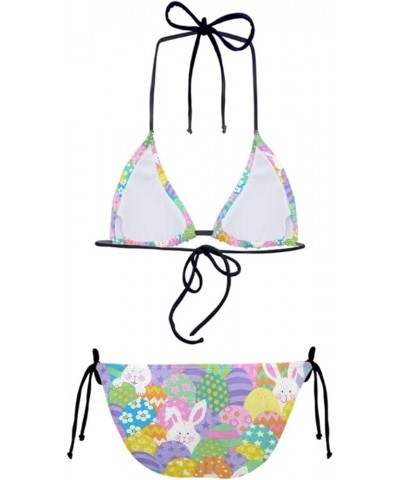 Womens Bikini 2 Piece Spaghetti Strap Top Thong Swimsuit Bathing Suit Colorful-easter Bunny Eggs 1 $9.66 Swimsuits