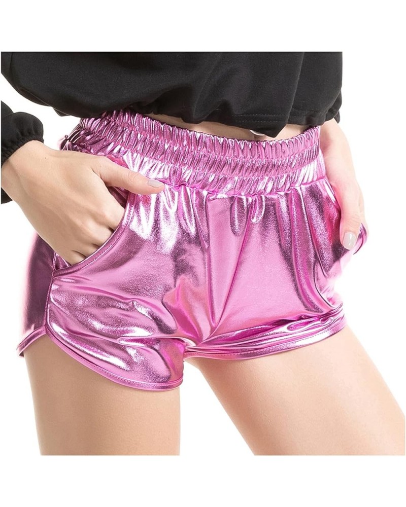 Drawstring Sparkly Elastic Outfit Yoga Shorts Metallic Shiny Waist Booty Dance Pants High Waist Black Shorts Pink $7.25 Activ...