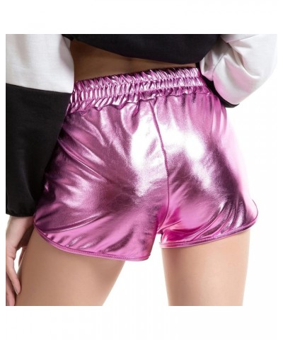 Drawstring Sparkly Elastic Outfit Yoga Shorts Metallic Shiny Waist Booty Dance Pants High Waist Black Shorts Pink $7.25 Activ...