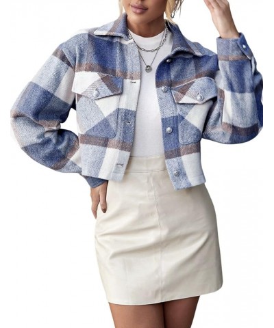 Women’s Cropped Wool Blend Plaid Shacket Long Sleeve Button Down Flannel Shirt Jacket Coat 01 Blue $16.51 Coats