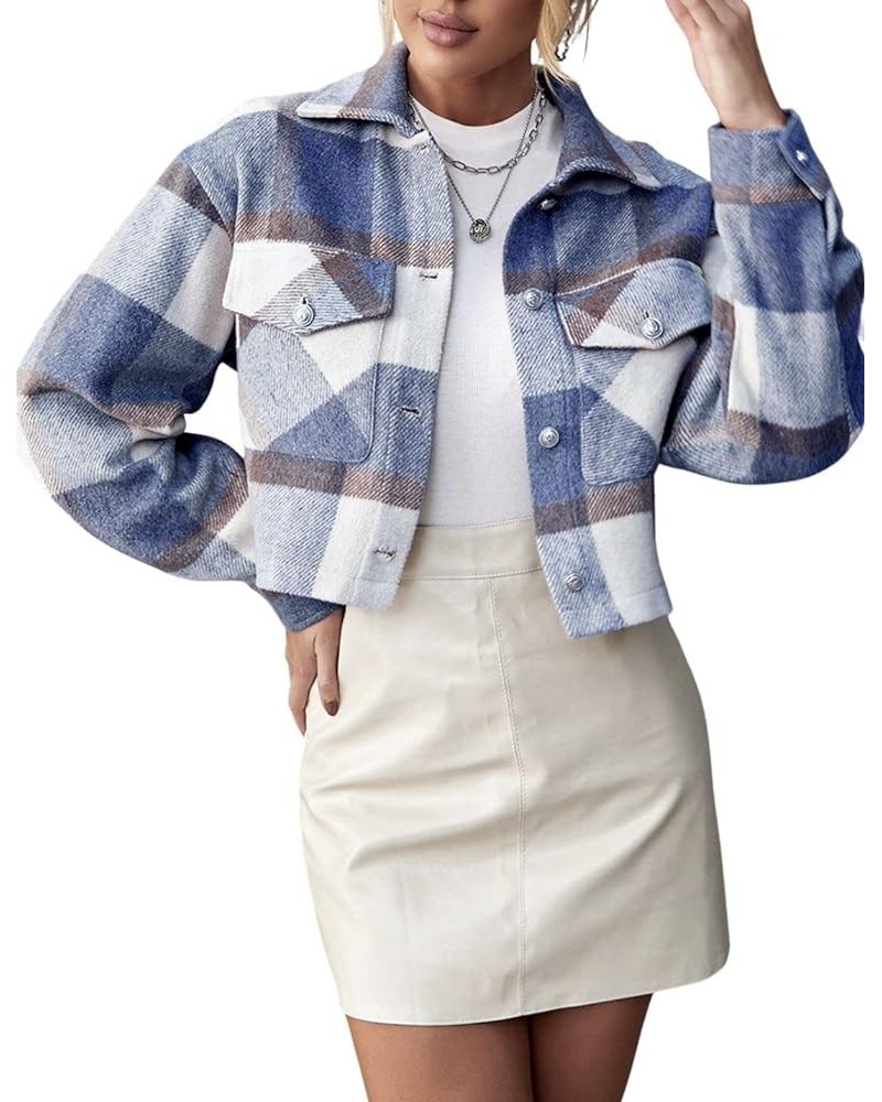 Women’s Cropped Wool Blend Plaid Shacket Long Sleeve Button Down Flannel Shirt Jacket Coat 01 Blue $16.51 Coats