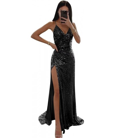 Sequin Mermaid Prom Dresses for Women Spaghetti Straps Formal Evening Party Gown with Slit Black $29.40 Dresses