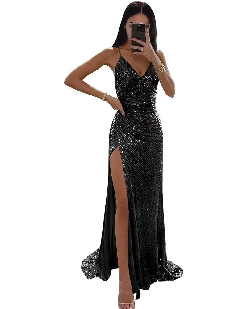 Sequin Mermaid Prom Dresses for Women Spaghetti Straps Formal Evening Party Gown with Slit Black $29.40 Dresses