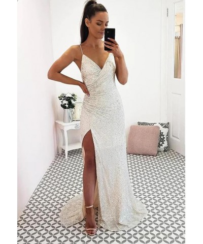 Sequin Mermaid Prom Dresses for Women Spaghetti Straps Formal Evening Party Gown with Slit Black $29.40 Dresses