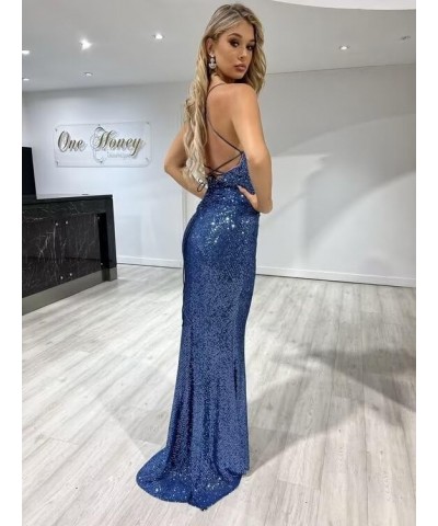 Sequin Mermaid Prom Dresses for Women Spaghetti Straps Formal Evening Party Gown with Slit Black $29.40 Dresses