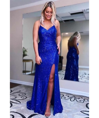 Sequin Mermaid Prom Dresses for Women Spaghetti Straps Formal Evening Party Gown with Slit Black $29.40 Dresses