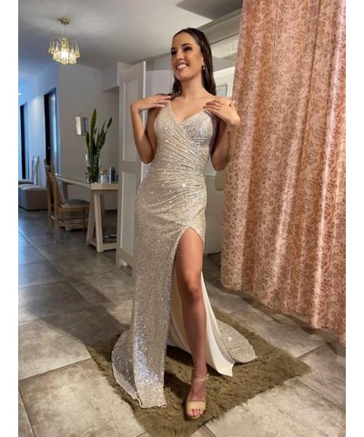 Sequin Mermaid Prom Dresses for Women Spaghetti Straps Formal Evening Party Gown with Slit Black $29.40 Dresses