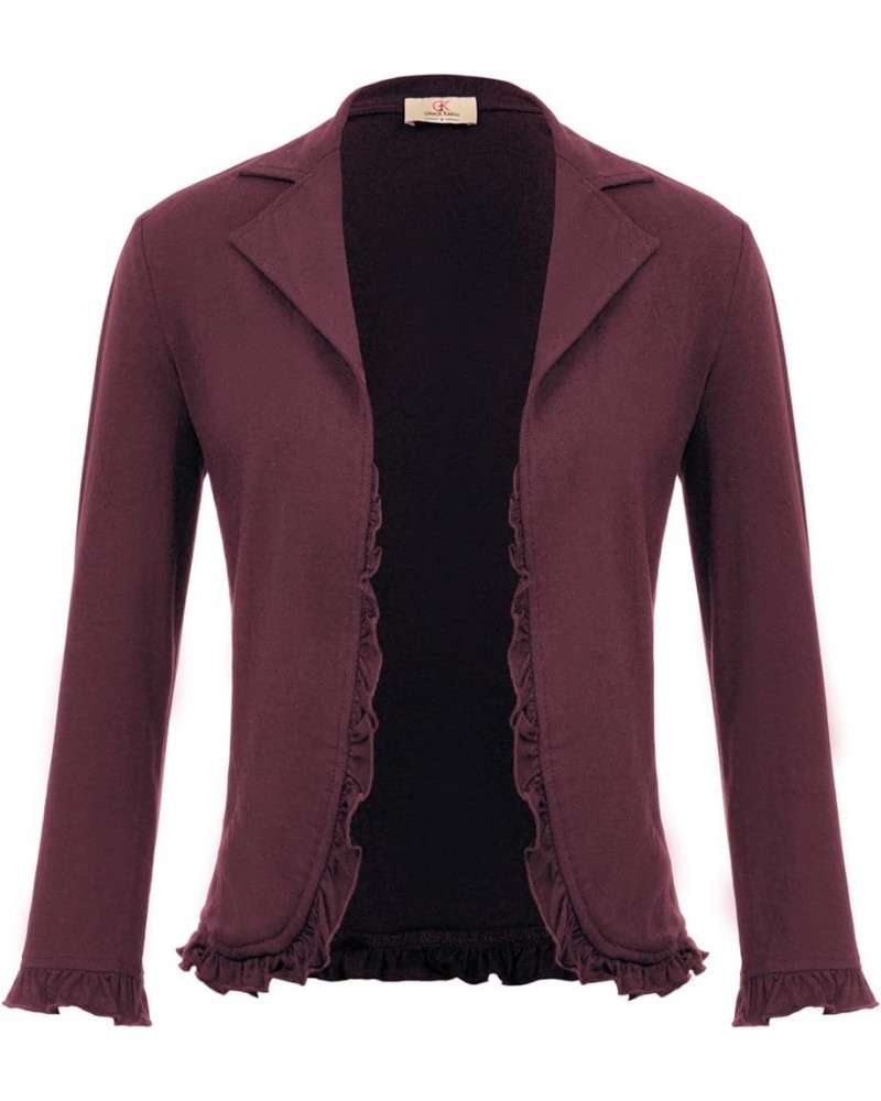 Women Business Casual Cropped Blazer Jacket Open Front Cotton Cardigan Burgundy $17.22 Blazers