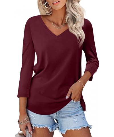 Women's V Neck 3/4 Sleeve T Shirt Solid/Color Block Casual Basic Tops Summer Tees A Wine Red $12.59 T-Shirts