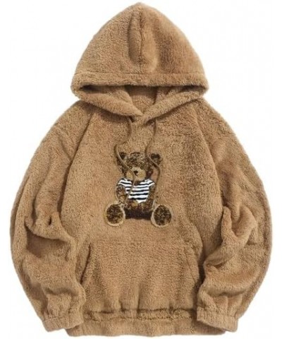 Womens Long Sleeve Fuzzy Hoodies Cute Bear Graphic Plush Hooded Sweatshirt Warm Pullover Top with Pockets 02-khaki $15.30 Hoo...