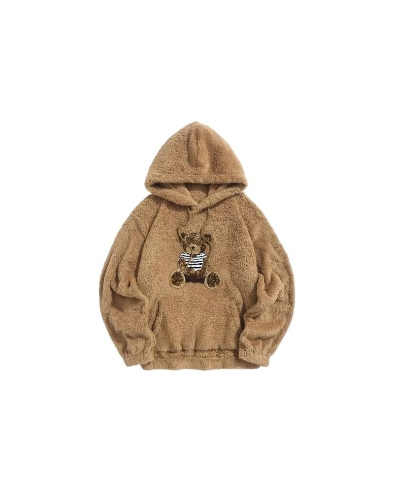 Womens Long Sleeve Fuzzy Hoodies Cute Bear Graphic Plush Hooded Sweatshirt Warm Pullover Top with Pockets 02-khaki $15.30 Hoo...