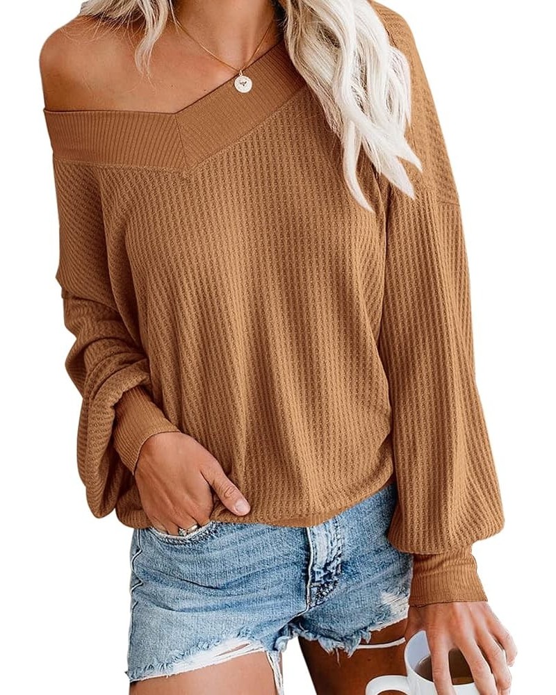 Women's V Neck Long Sleeve Waffle Knit Top Off Shoulder Oversized Pullover Sweater 01_caramel $17.09 Sweaters