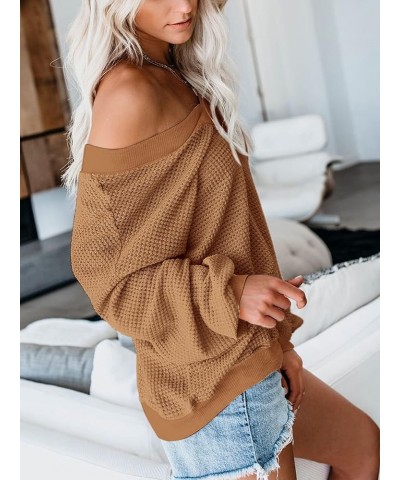 Women's V Neck Long Sleeve Waffle Knit Top Off Shoulder Oversized Pullover Sweater 01_caramel $17.09 Sweaters