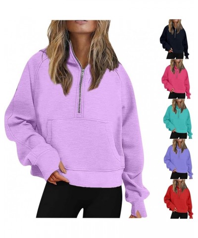 Oversized Hoodies For Women Zip Up Long Sleeve Hooded Sweatshirts Casual Quarter Zip Pullover Tops Fall Y2K Clothes J018-purp...