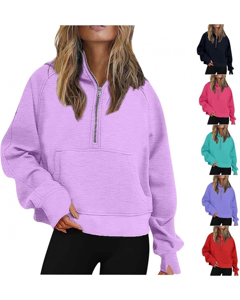 Oversized Hoodies For Women Zip Up Long Sleeve Hooded Sweatshirts Casual Quarter Zip Pullover Tops Fall Y2K Clothes J018-purp...