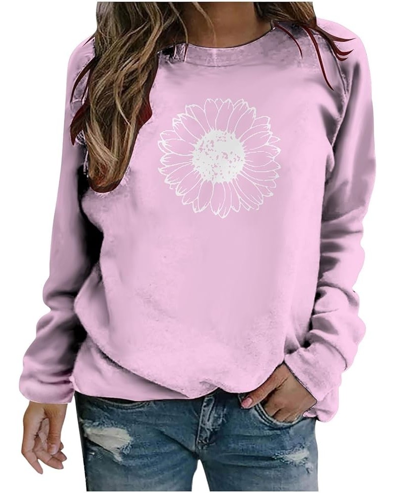 Graphic Sweatshirts For Women Sunflower Print Pullover Shirt Crewneck Long Sleeve Tops Slouchy Vintage Clothes 2023 J012-pink...