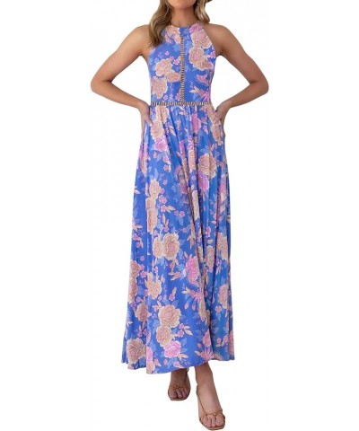 Women's 2024 Summer Halter Neck Floral Print Backless Split Beach Party Maxi Dress Bluishviolet $25.19 Dresses