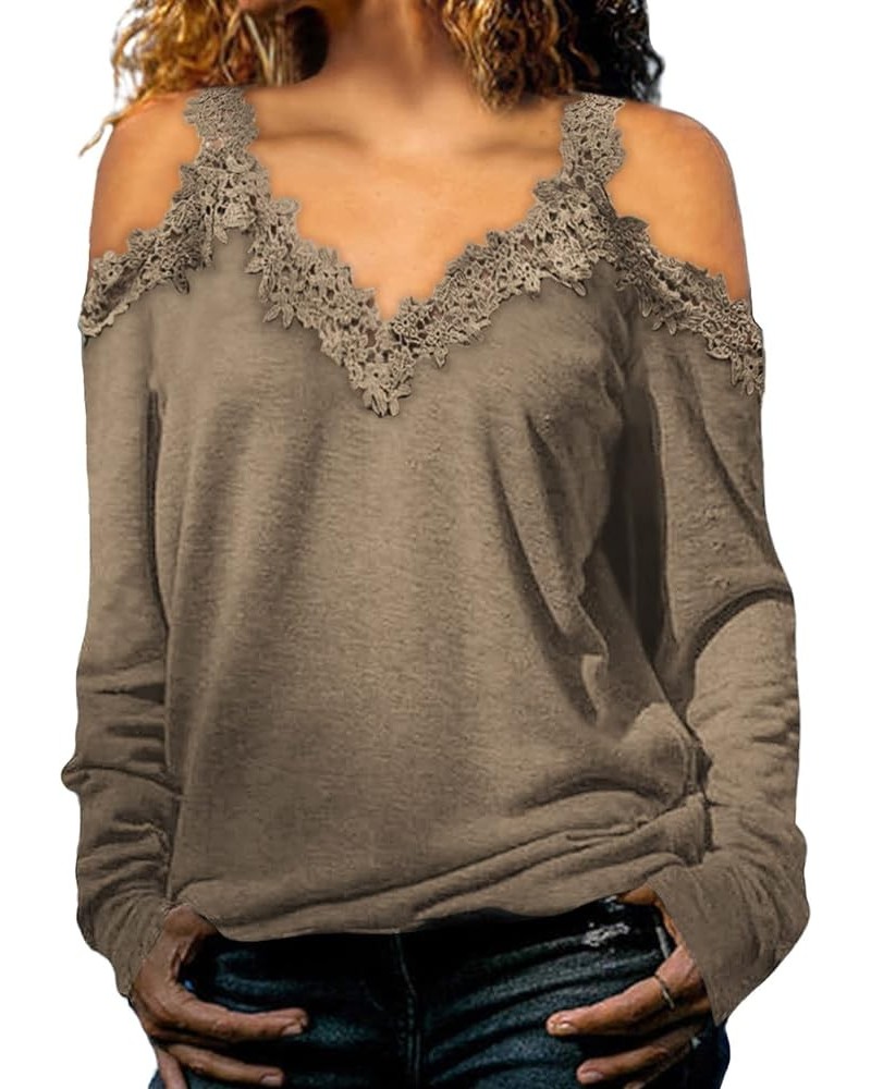 Women's Casual Loose Cold Shoulder Tops Halter Neck Hollowed Out Long Sleeve Shirts Khaki $13.07 Hoodies & Sweatshirts