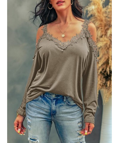 Women's Casual Loose Cold Shoulder Tops Halter Neck Hollowed Out Long Sleeve Shirts Khaki $13.07 Hoodies & Sweatshirts