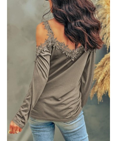 Women's Casual Loose Cold Shoulder Tops Halter Neck Hollowed Out Long Sleeve Shirts Khaki $13.07 Hoodies & Sweatshirts