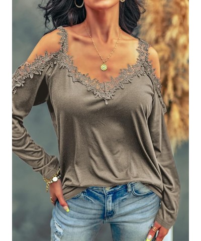 Women's Casual Loose Cold Shoulder Tops Halter Neck Hollowed Out Long Sleeve Shirts Khaki $13.07 Hoodies & Sweatshirts