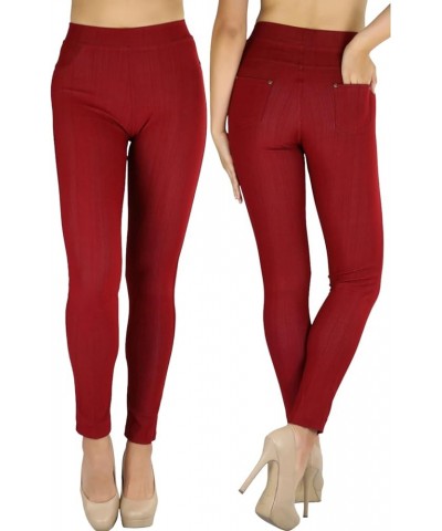 Women's Easy Pull-On Denim Skinny Fit Comfort Stretch Leggings Jeggings Full Length W/ Back Pockets - Burgundy $8.64 Leggings