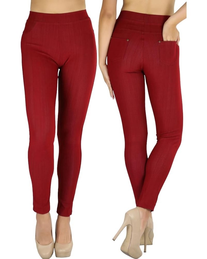 Women's Easy Pull-On Denim Skinny Fit Comfort Stretch Leggings Jeggings Full Length W/ Back Pockets - Burgundy $8.64 Leggings