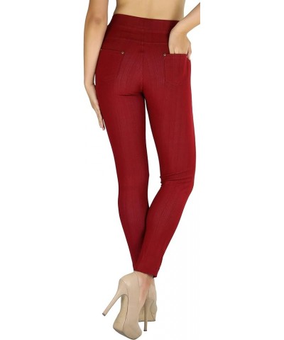 Women's Easy Pull-On Denim Skinny Fit Comfort Stretch Leggings Jeggings Full Length W/ Back Pockets - Burgundy $8.64 Leggings