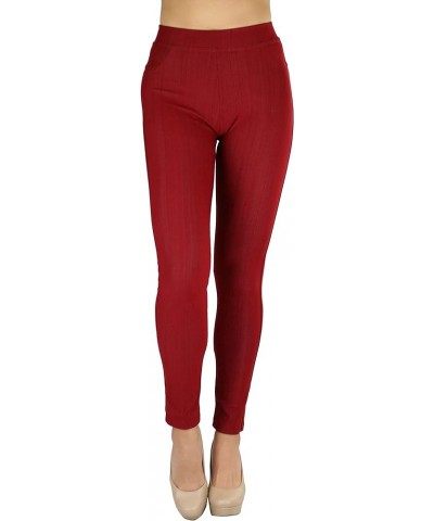 Women's Easy Pull-On Denim Skinny Fit Comfort Stretch Leggings Jeggings Full Length W/ Back Pockets - Burgundy $8.64 Leggings