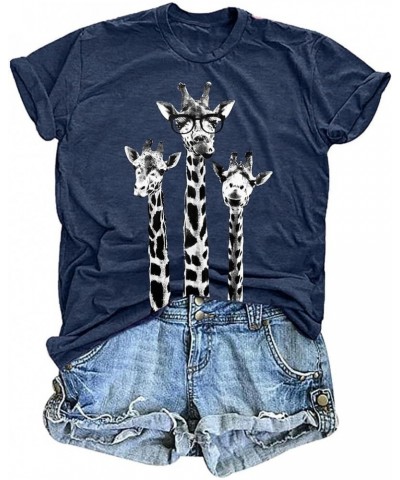 Women Giraffe T Shirt Funny Animal Graphic Tees Giraffe Lovers Shirts Casual Short Sleeve Tops Dark Blue $11.56 T-Shirts