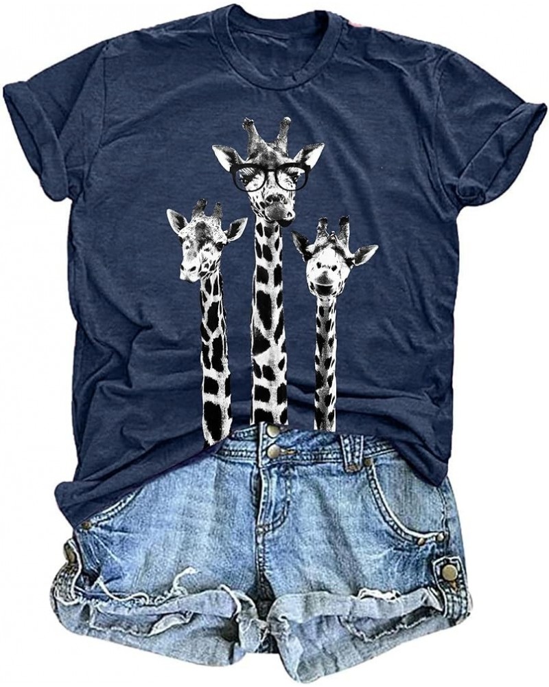 Women Giraffe T Shirt Funny Animal Graphic Tees Giraffe Lovers Shirts Casual Short Sleeve Tops Dark Blue $11.56 T-Shirts