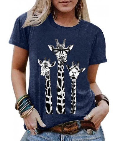 Women Giraffe T Shirt Funny Animal Graphic Tees Giraffe Lovers Shirts Casual Short Sleeve Tops Dark Blue $11.56 T-Shirts