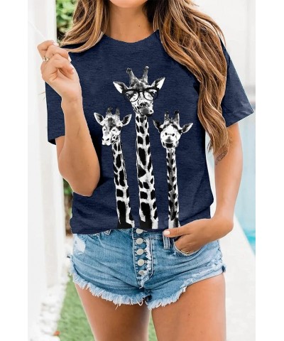 Women Giraffe T Shirt Funny Animal Graphic Tees Giraffe Lovers Shirts Casual Short Sleeve Tops Dark Blue $11.56 T-Shirts