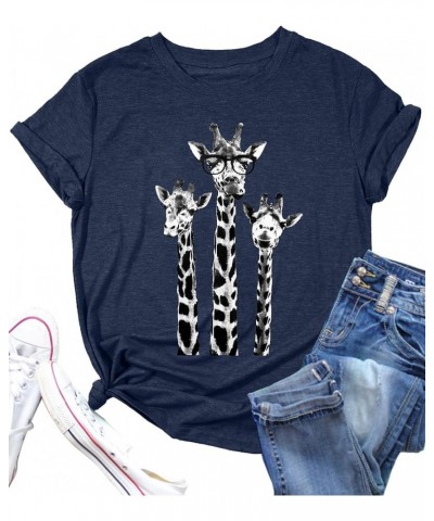 Women Giraffe T Shirt Funny Animal Graphic Tees Giraffe Lovers Shirts Casual Short Sleeve Tops Dark Blue $11.56 T-Shirts