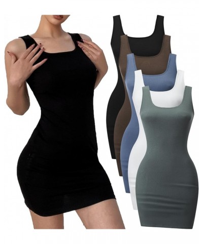 5 Piece Women Sleeveless Tank Dresses Square Neck Slim Fit Short Casual Bodycon Party Club Mini Dress 5 Piece：black/White/Cof...