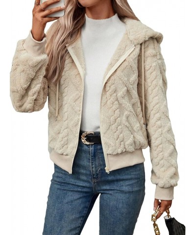 Women's Zip Up Fuzzy Hooded Jacket Long Sleeve Puffy Cropped Teddy Jacket Coat Apricot $25.07 Jackets