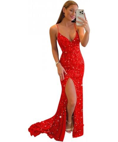 Women's Sequin Mermaid Prom Dresses with Slit Glitter Criss-Cross Long Formal Evening Gowns YZTS062 A-red $36.33 Dresses