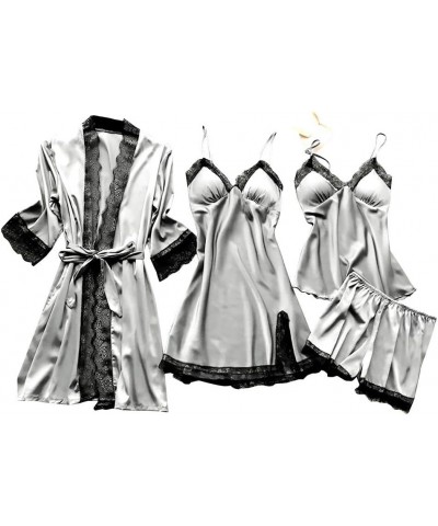 Women's 4 Piece Sleepwear Silk Satin Pajama Set Lace Trim Cami Top Nightdress Shorts and Robe Set Sexy Cute Stain Pjs Gray $1...