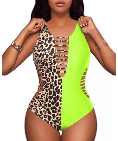 Women Sexy One Piece Swimsuits Plunge Deep V Neck Cutout Bathing Suits Leopard and Yellow $16.32 Swimsuits