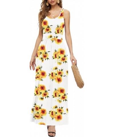 Women's Sleeveless Maxi Dresses Empire Waist Casual Long Dresses with Pockets Flower Sf White $11.39 Dresses