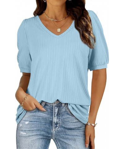 T Shirt for Women Casual Round Neck Ruffled Sleeves Tunic Top 01-azure Blue $10.79 Tops