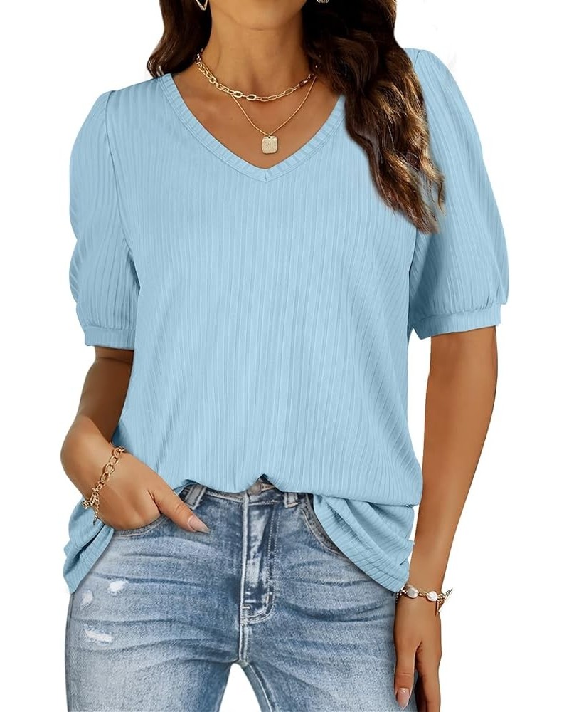 T Shirt for Women Casual Round Neck Ruffled Sleeves Tunic Top 01-azure Blue $10.79 Tops