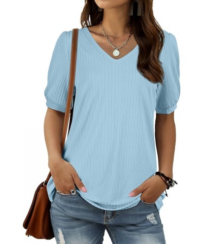 T Shirt for Women Casual Round Neck Ruffled Sleeves Tunic Top 01-azure Blue $10.79 Tops