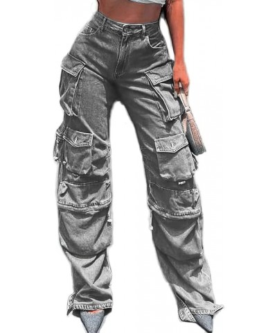 Womens High Waisted Baggy Cargo Jeans Straight Wide Leg Y2K Cargo Denim Pants with Flap Pockets Grey $27.53 Jeans