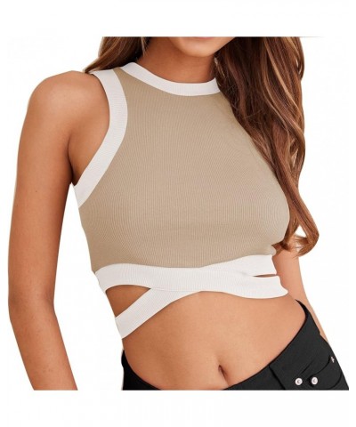 Women's Summer Sexy Crop Tops Crew Neck Sleeveless Tie Back Ribbed Knit Tank Tops Patchwork Slim Basic Crop Tops Apricot $9.6...